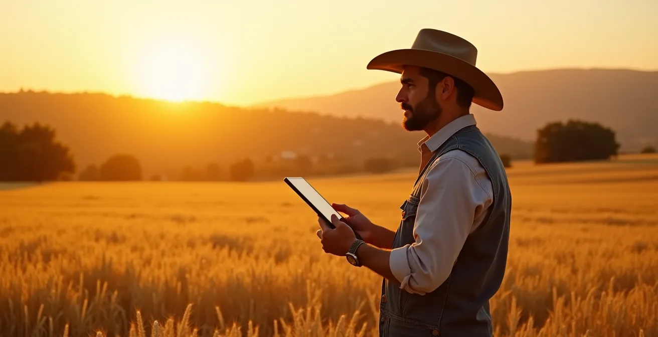 Agricoltore italiano che osserva il suo campo al tramonto