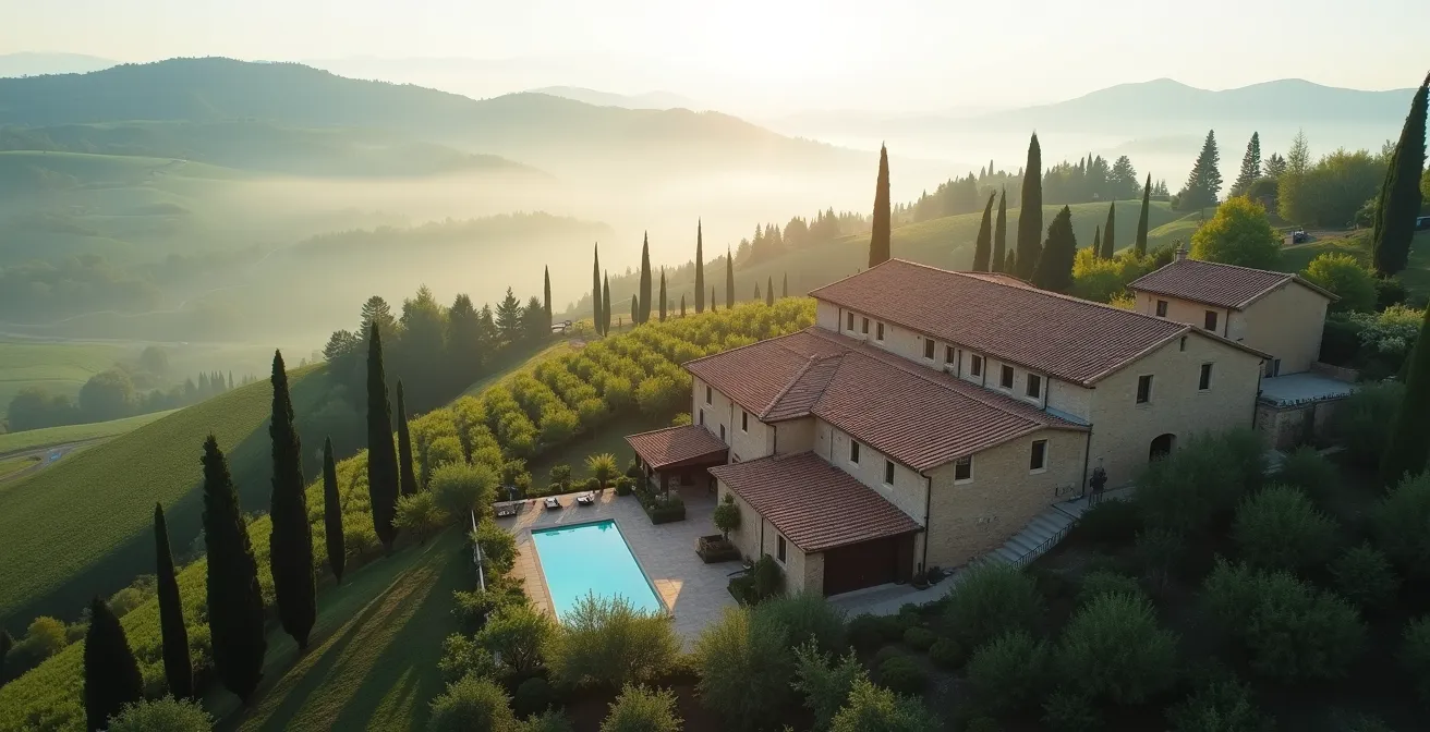 Vista aerea di agriturismo toscano con piscina e vigneti