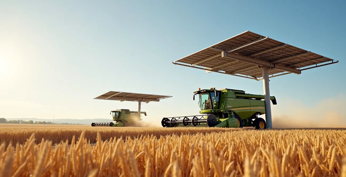 Sezione tecnica mostrante l'altezza dei pannelli solari con mietitrebbia che passa sotto