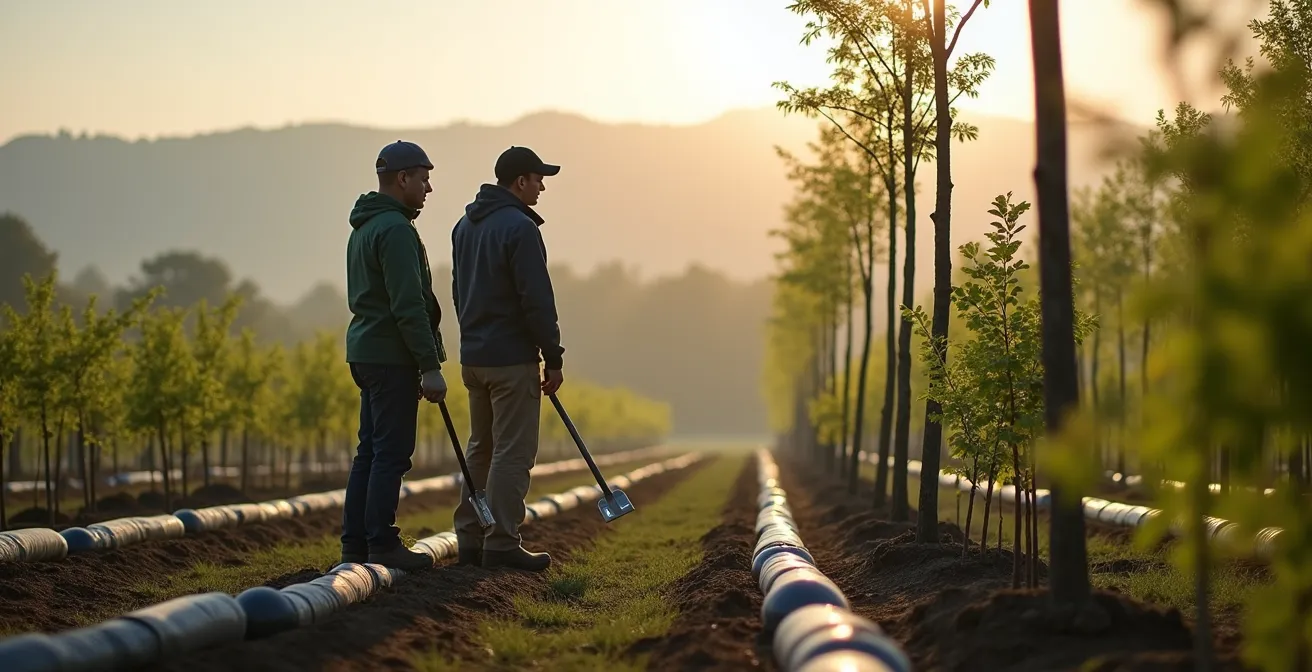Area periurbana in fase di riforestazione con giovani alberi e sentieri naturali