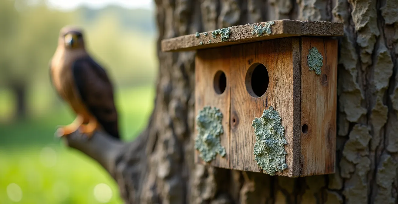 Bat box e posatoio per rapaci installati in campo agricolo italiano per controllo biologico dei parassiti