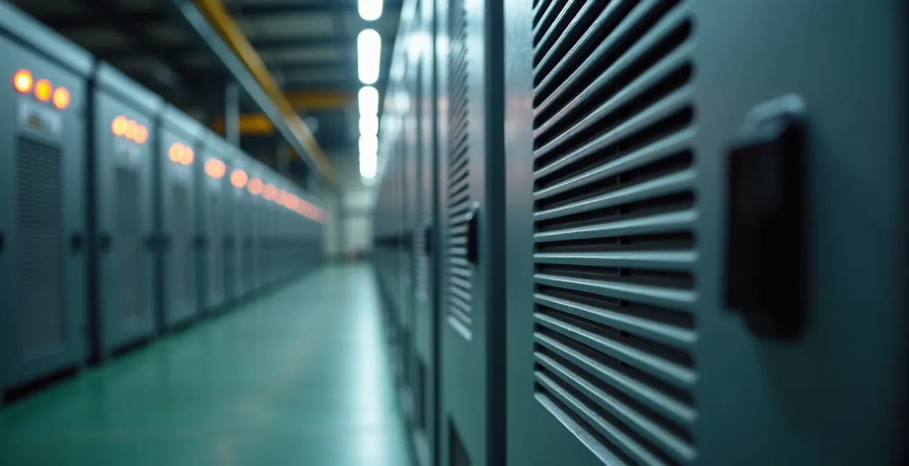 Dettaglio ravvicinato di moduli batteria industriali installati in un capannone agricolo con texture metalliche e superfici geometriche