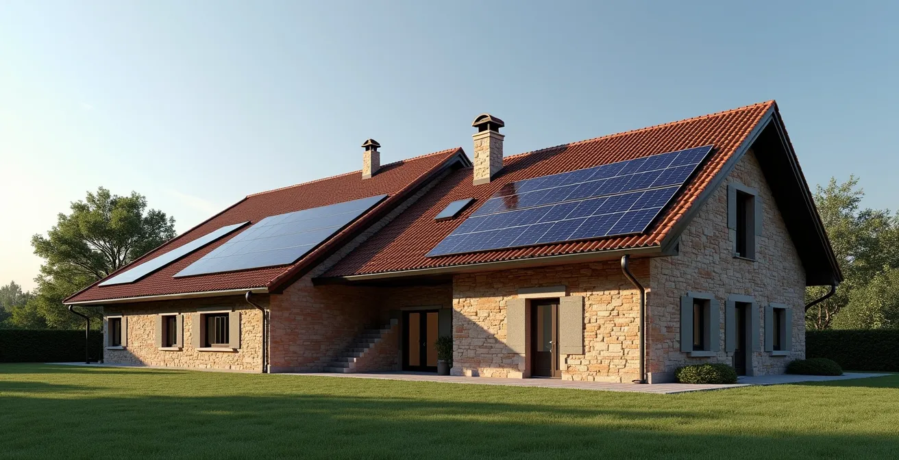 Vista laterale di cascina lombarda con pannelli solari su tetto a più falde con diverse esposizioni