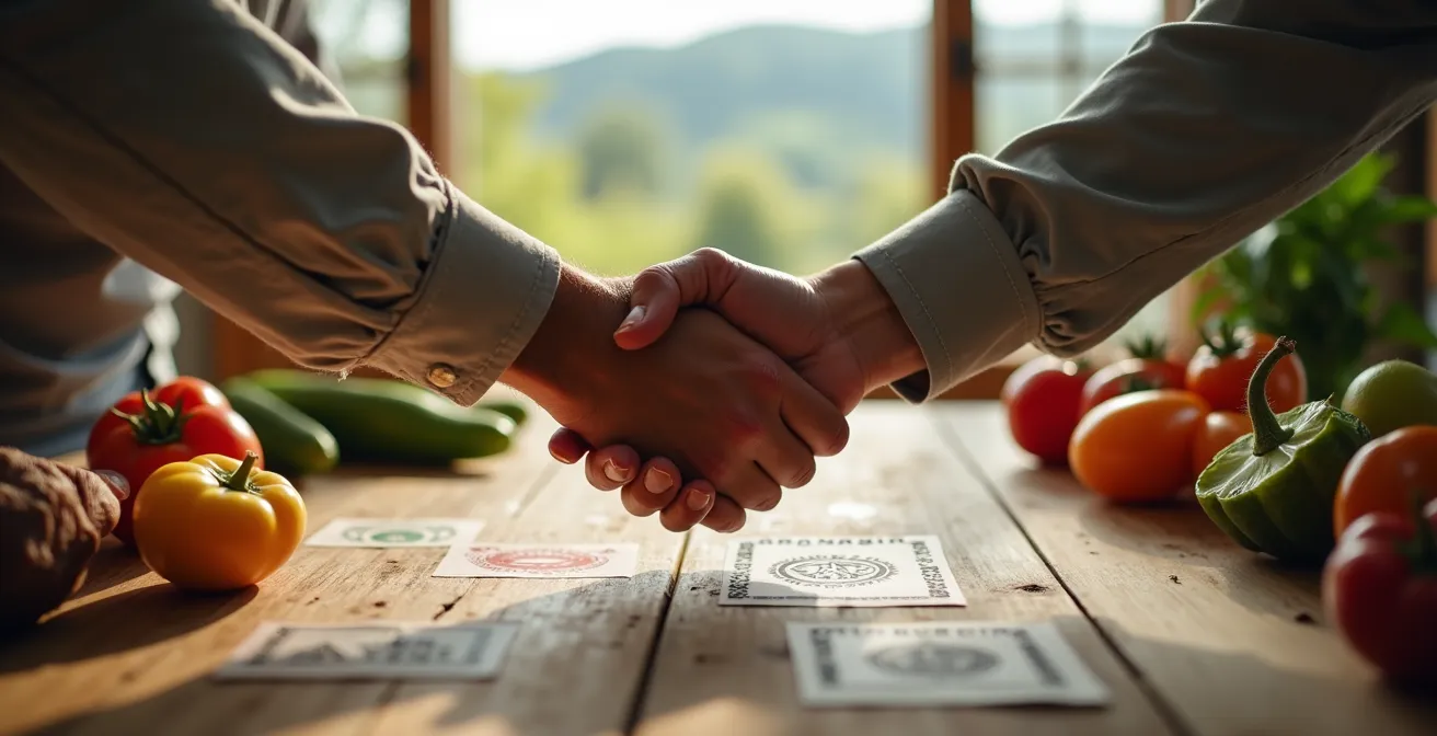 Mani di agricoltori che stringono accordo commerciale con certificazioni sostenibili