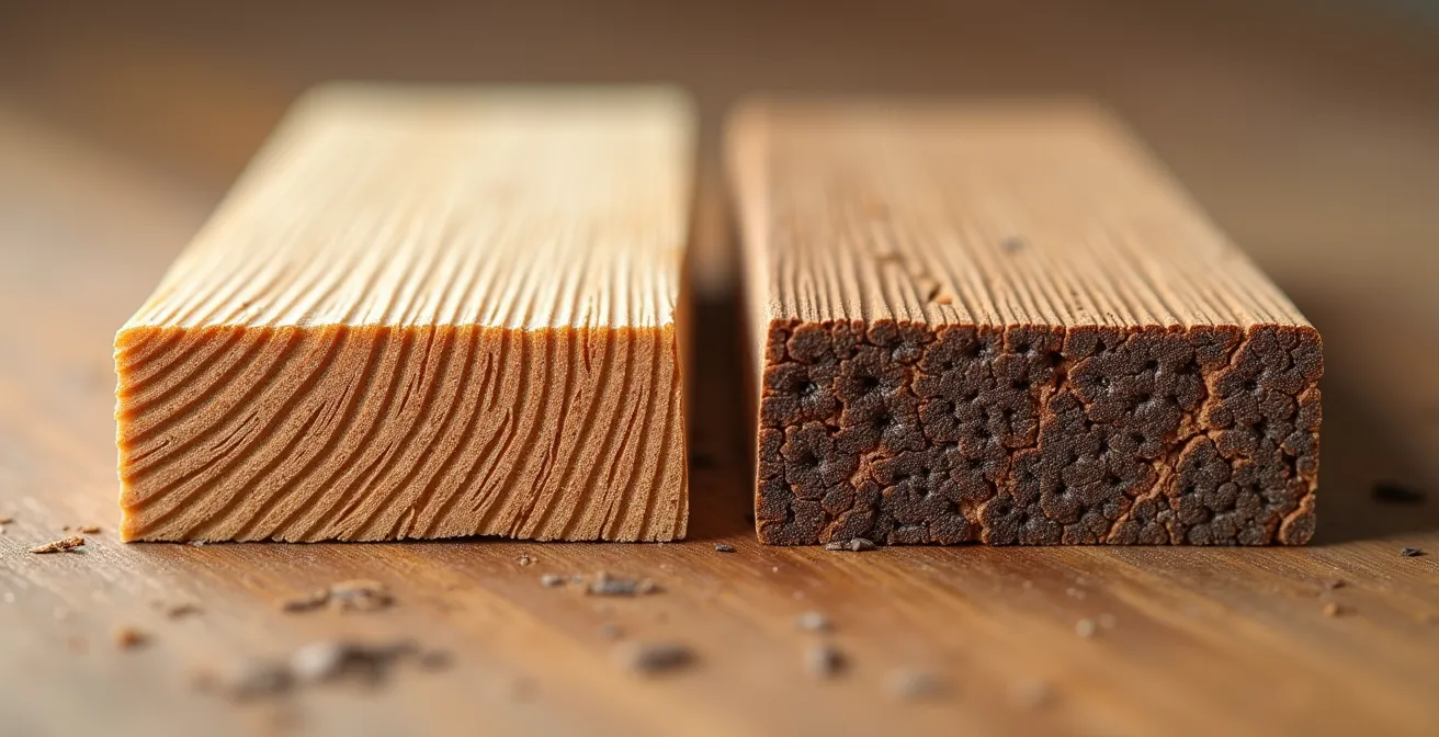 Confronto tra un campione di legno certificato con venature perfette e uno non certificato con segni di deterioramento da umidità.