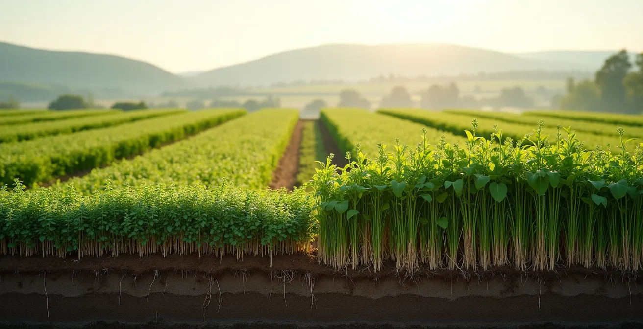 Vista ampia di campo agricolo con diverse specie di cover crop in crescita per rigenerare il terreno