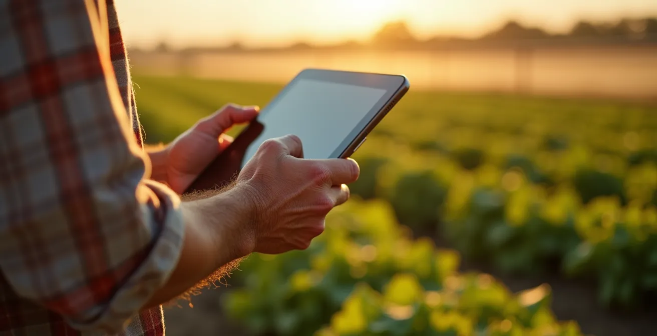 Mani che tengono un tablet mostrando grafiche verdi in un campo irrigato