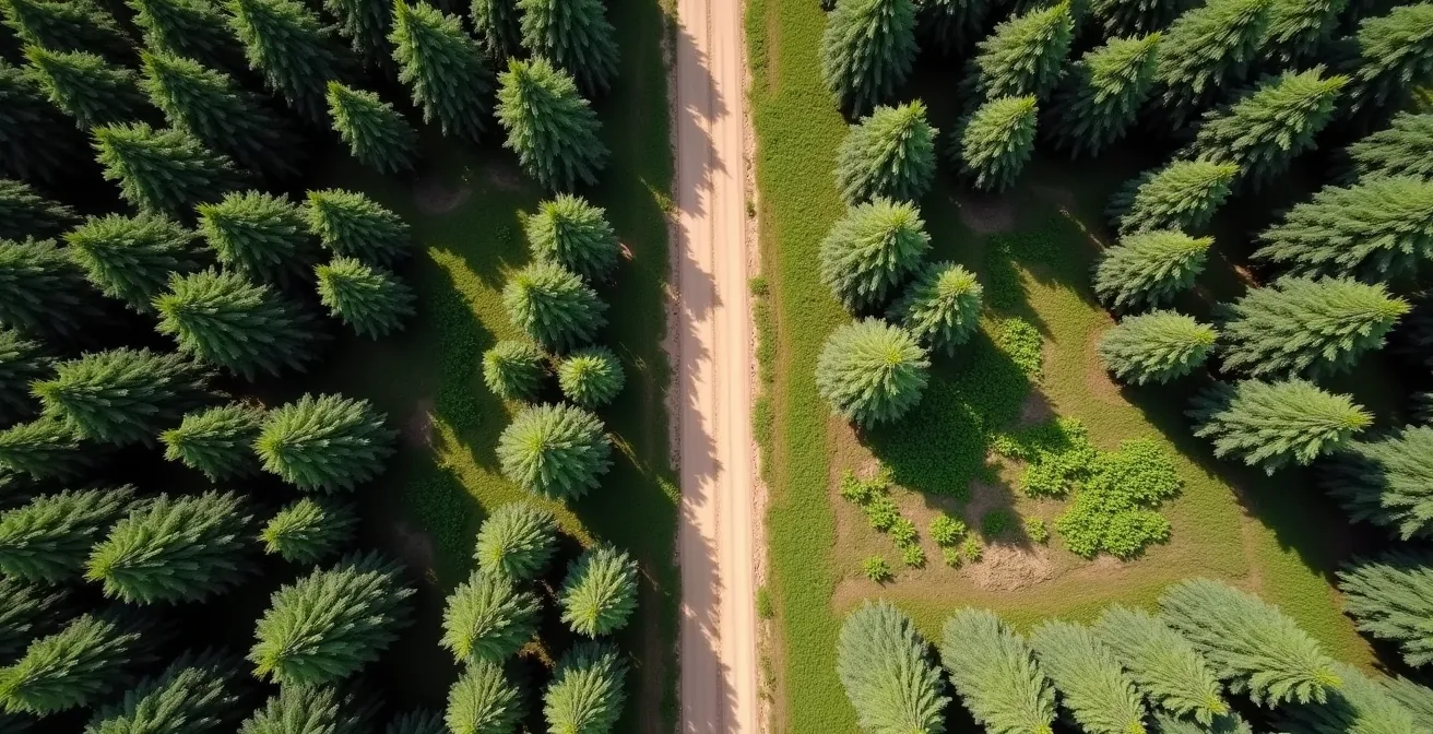 Vista aerea di due parcelle forestali adiacenti con densità di impianto diverse