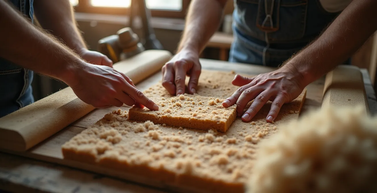 Campioni di fibra di legno e lana di pecora disposti su tavolo di lavoro artigianale