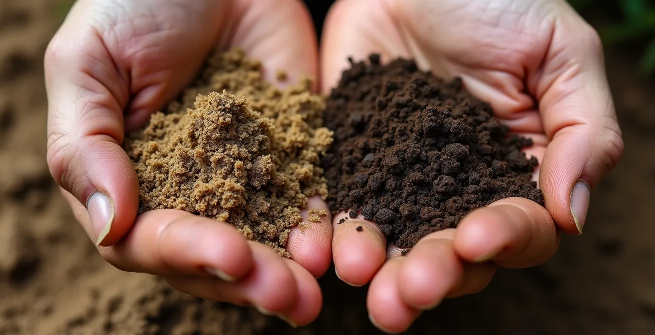 Vista ravvicinata di due mani che tengono campioni di letame maturo e compost vegetale sopra terreno sabbioso