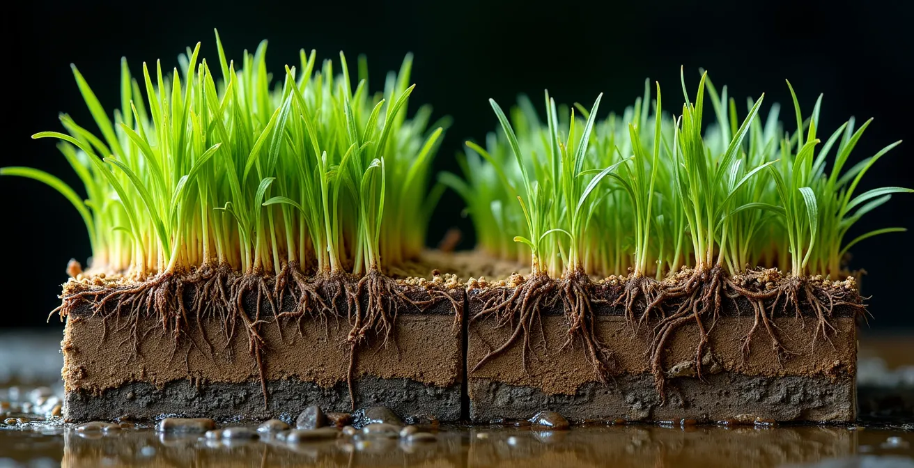 Sistema radicale di Phragmites australis e Typha latifolia in sezione di terreno argilloso