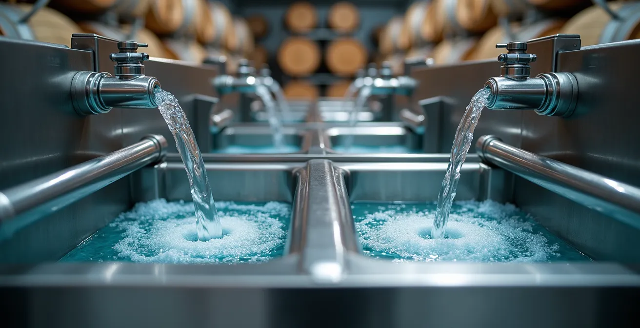 Sistema di lavaggio a controcorrente industriale con flussi d'acqua visibili in una cantina vinicola