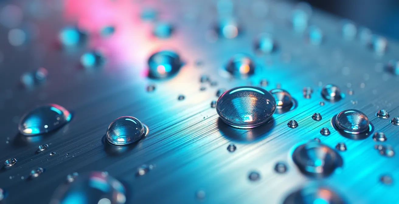 Dettaglio macro di gocce d'acqua cristalline su superficie metallica di un sistema di trattamento