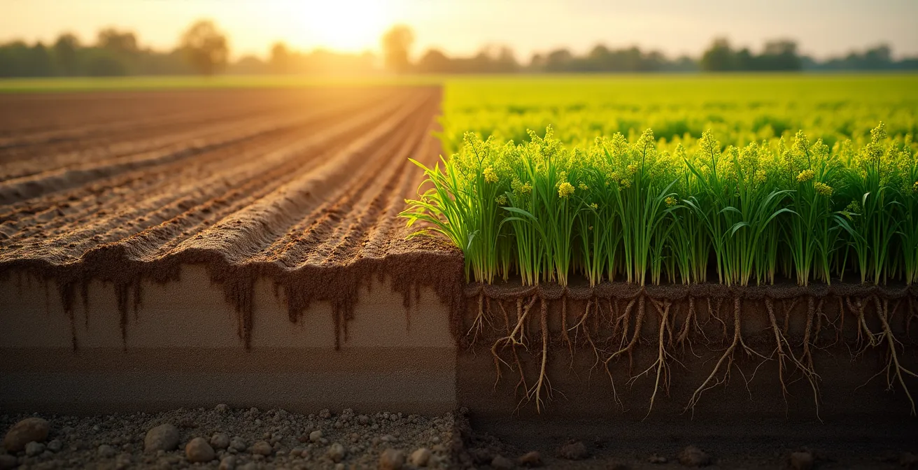 Confronto tra terreno con diserbo pre-emergenza e terreno con cover crops che mostra la protezione del suolo e la prevenzione della lisciviazione