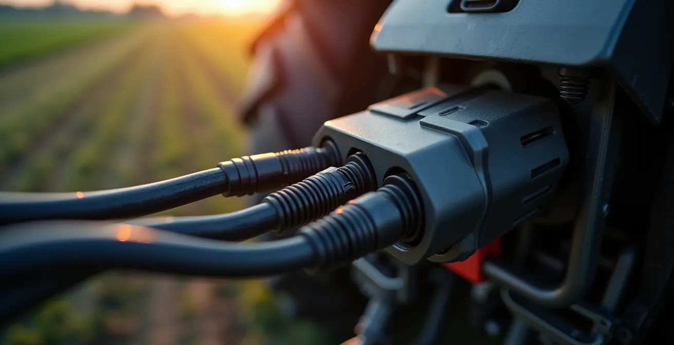 Vista laterale di connettore ISOBUS tra trattore e attrezzo