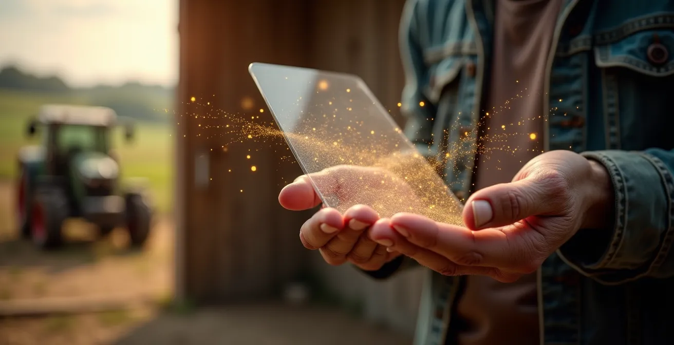 Mani che firmano un contratto con un trattore sfocato sullo sfondo e simboli astratti di flussi di dati