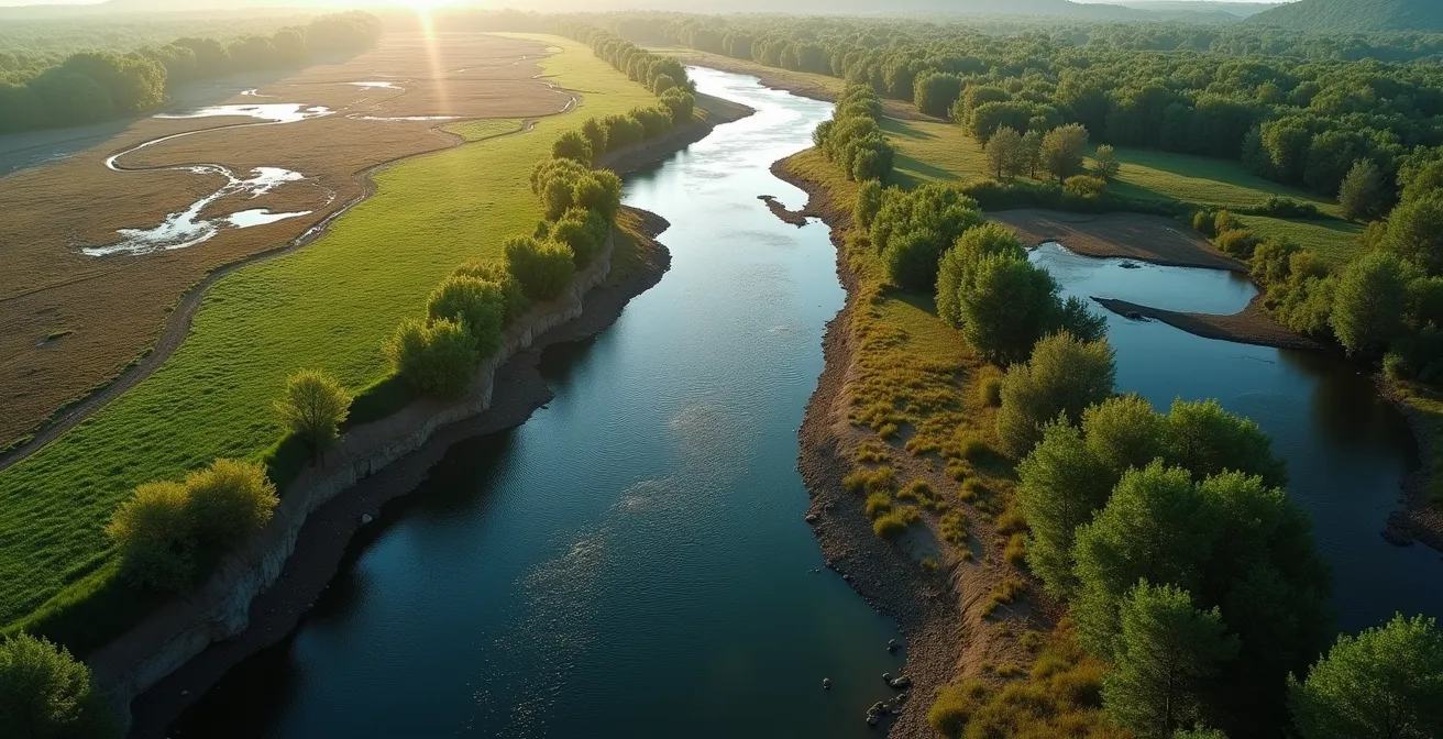 Vista aerea di un fiume italiano con fasce tampone e interventi di ripristino ambientale