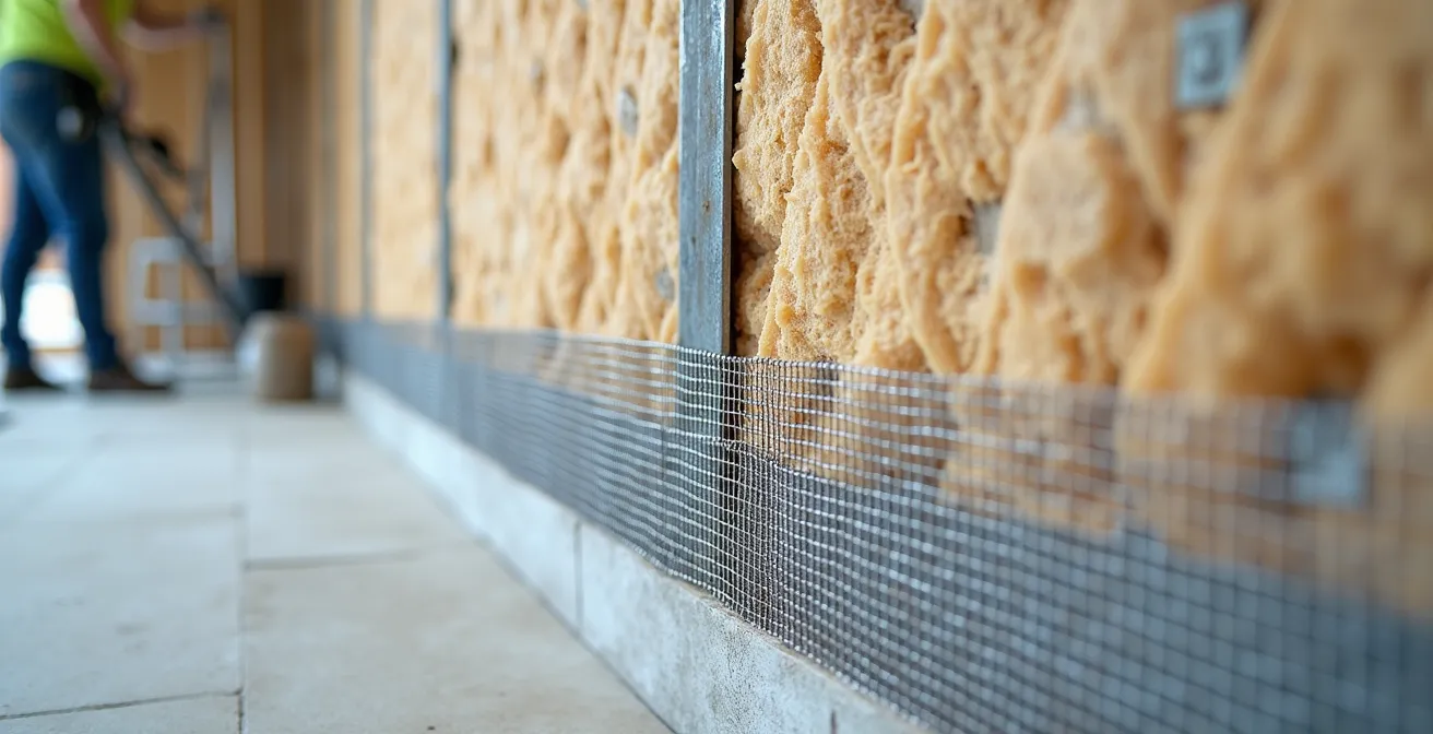 Installazione di rete metallica protettiva su pannello isolante naturale