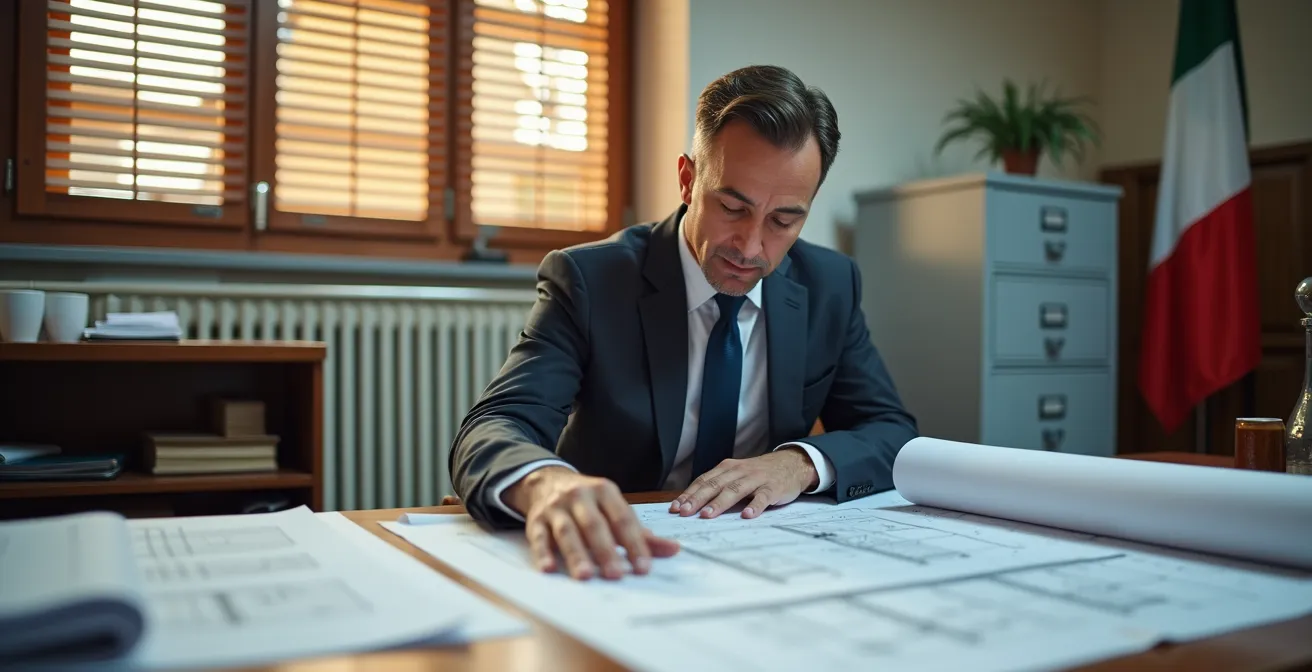 Ufficio tecnico comunale italiano con documentazione per autorizzazione turbina eolica