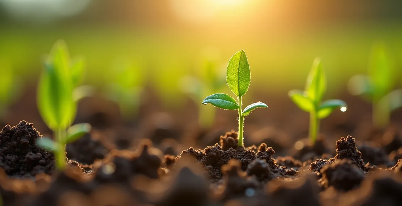 Dettaglio macro di semi di infestanti emergenti in campo con tecnica della falsa semina