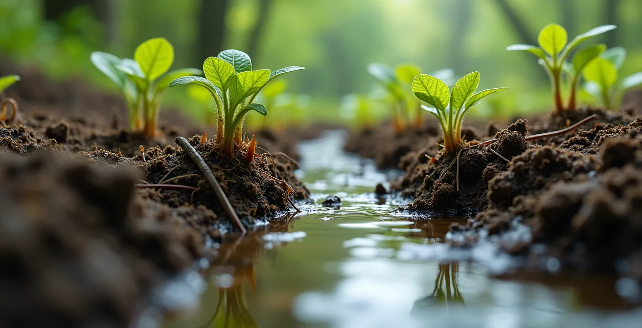 Fascia ripariale con salici e ontani lungo un canale di drenaggio agricolo, che mostra le radici che stabilizzano la sponda e assorbono nutrienti