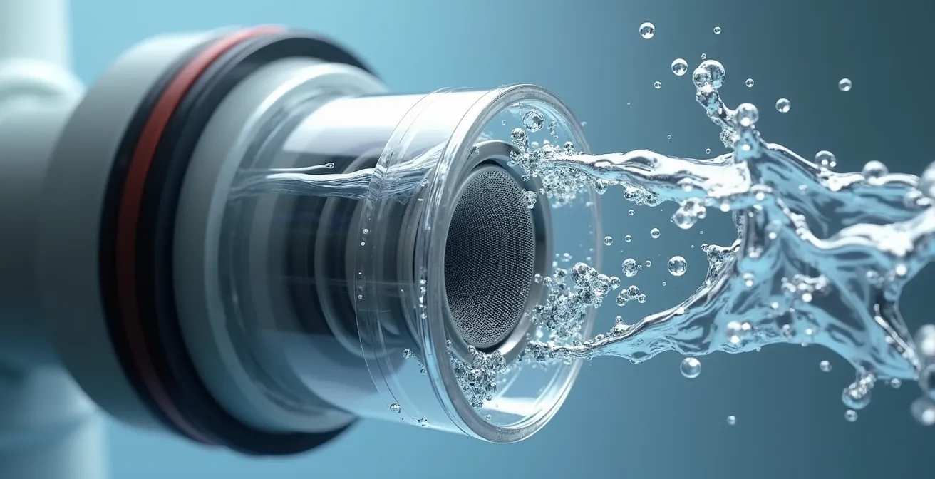 Sistema di filtrazione a vortice per acqua piovana con dettaglio dei componenti interni