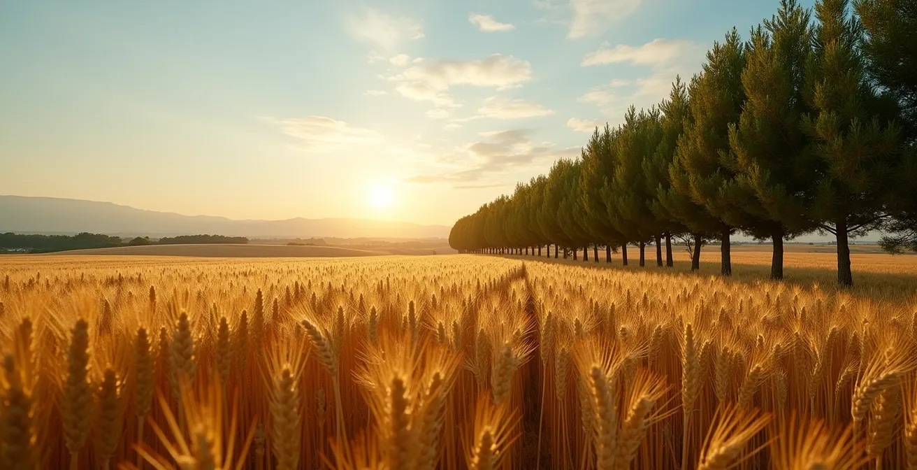 Filare di alberi frangivento che protegge un campo di grano in una zona ventosa italiana