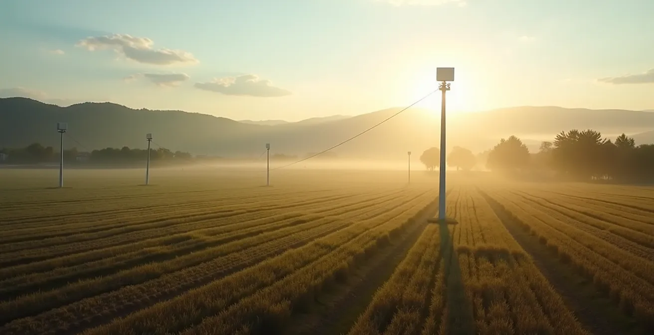 Gateway LoRaWAN installato su palo in campo agricolo con colline italiane sullo sfondo