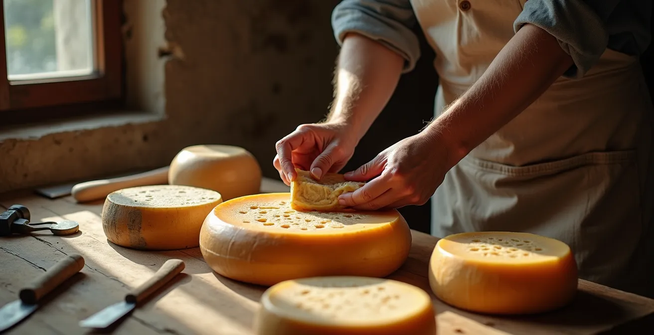 Mani di casaro che lavorano formaggio DOP con imperfezioni naturali che mostrano l'autenticità artigianale