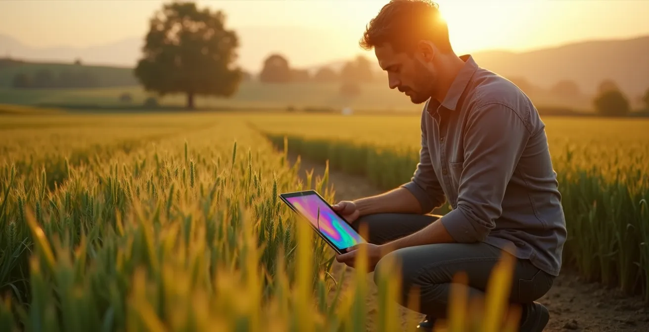 Agronomo in campo con tablet che confronta mappa colorata con la realtà del terreno e delle piante