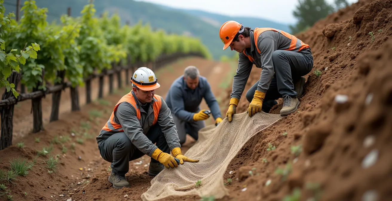 Operatori posizionano strutture di bioingegneria su versante franato