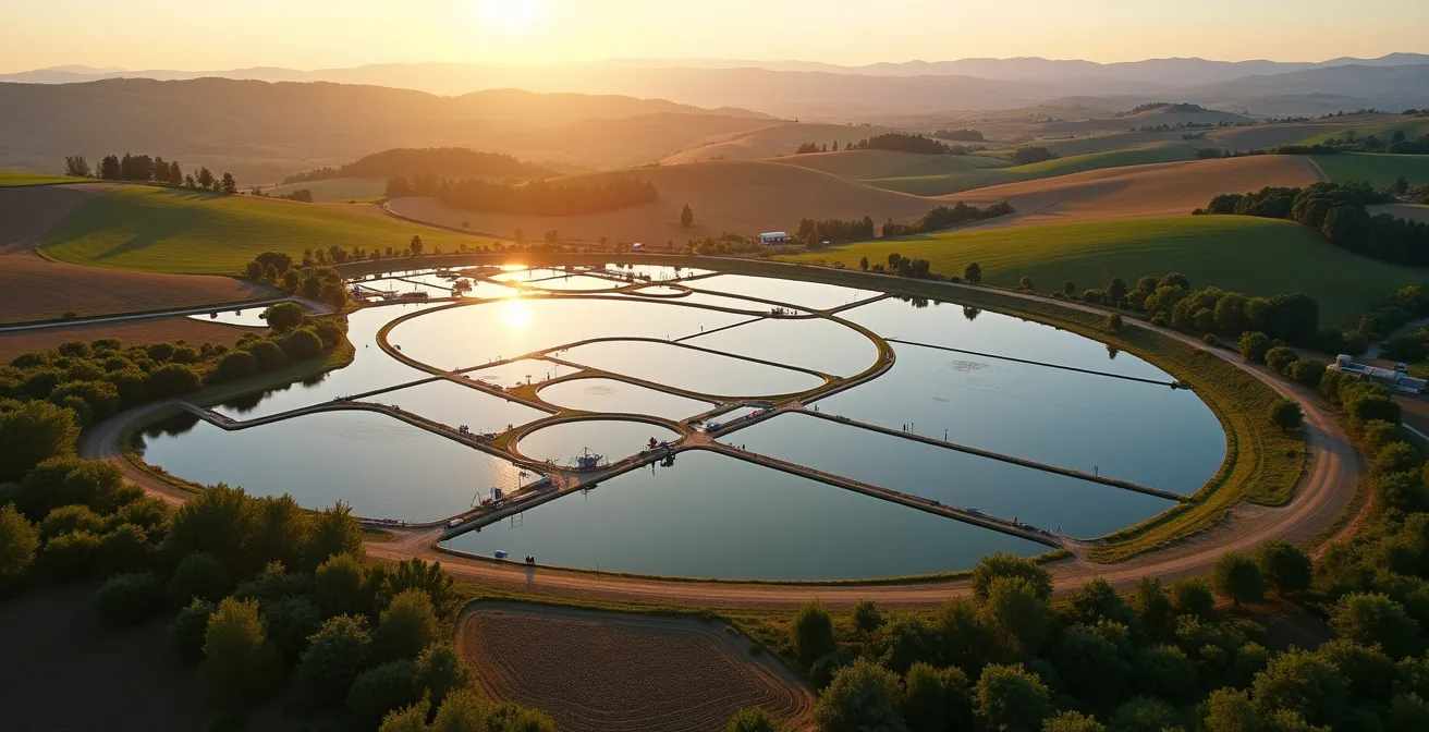 Vista aerea di invaso aziendale per irrigazione con copertura galleggiante anti-evaporazione in paesaggio agricolo italiano