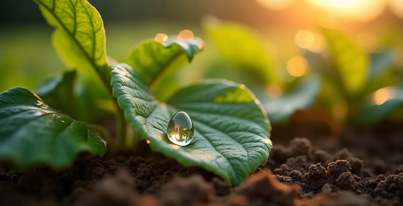 Sistema di irrigazione a goccia in funzione all'alba in un campo agricolo italiano con rugiada mattutina