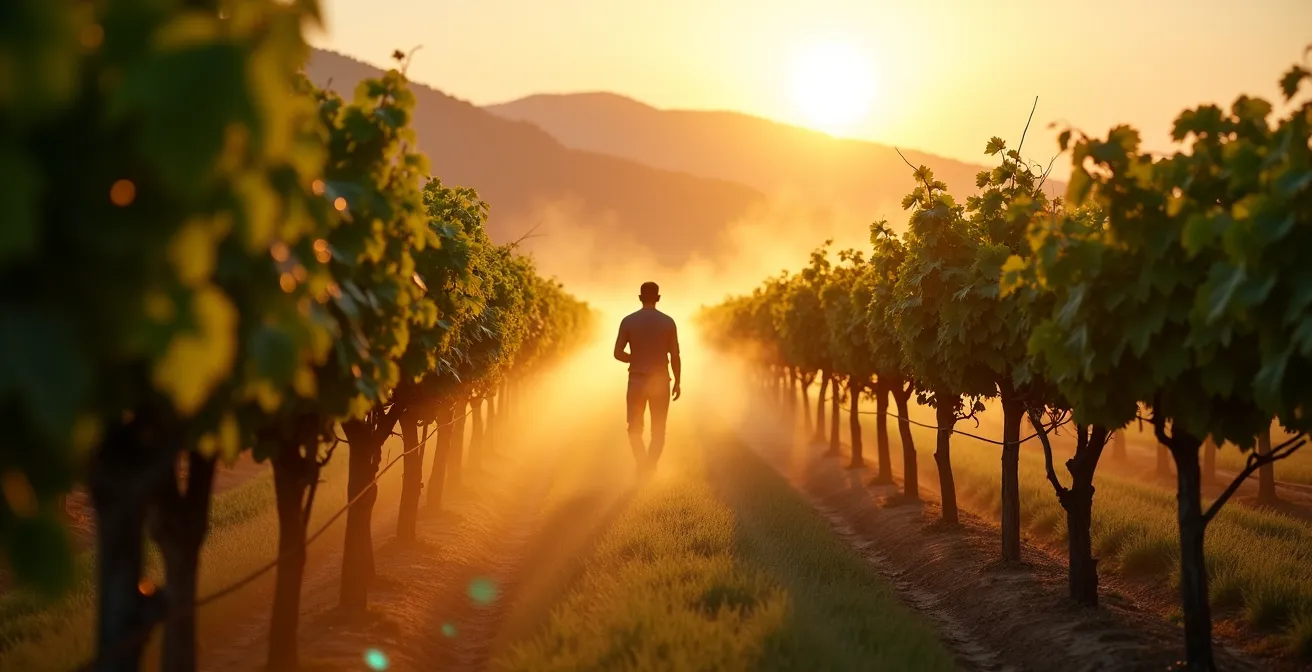 Sistema di irrigazione a goccia attivo all'alba in un vigneto italiano con nebbia mattutina