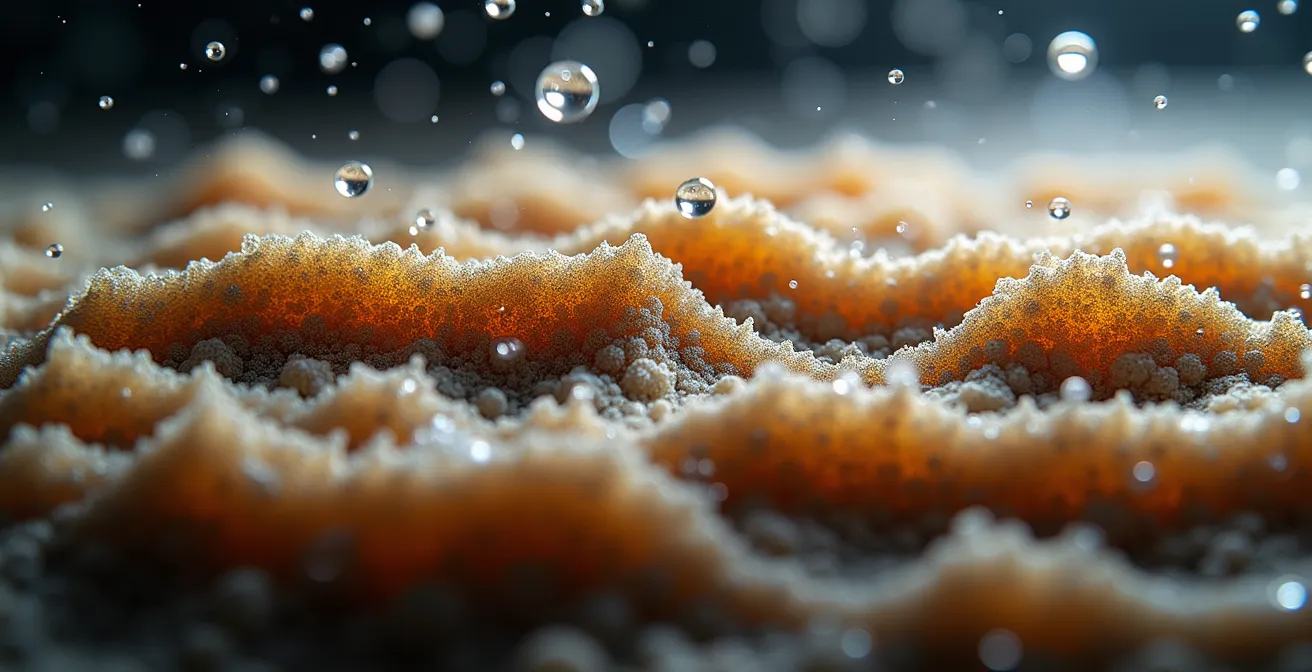 Dettaglio macro di un filtro a sabbia per irrigazione con granuli di quarzo visibili