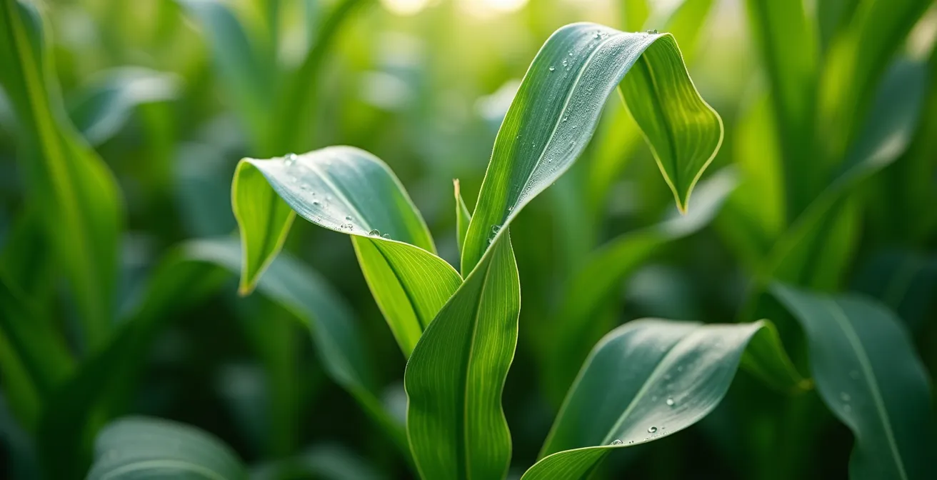 Immagine macro di foglie di mais rigogliose con effetto bokeh