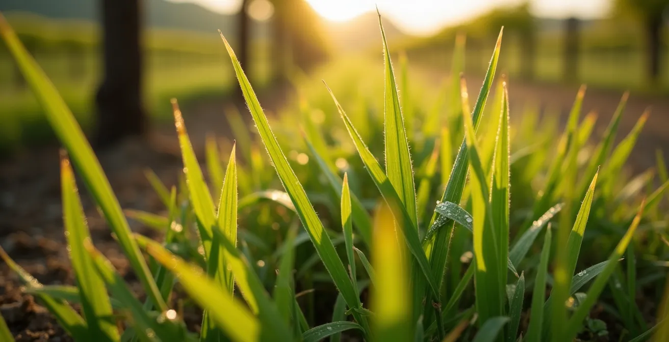 Dettaglio ravvicinato di diverse specie erbacee in un interfilare di vigneto
