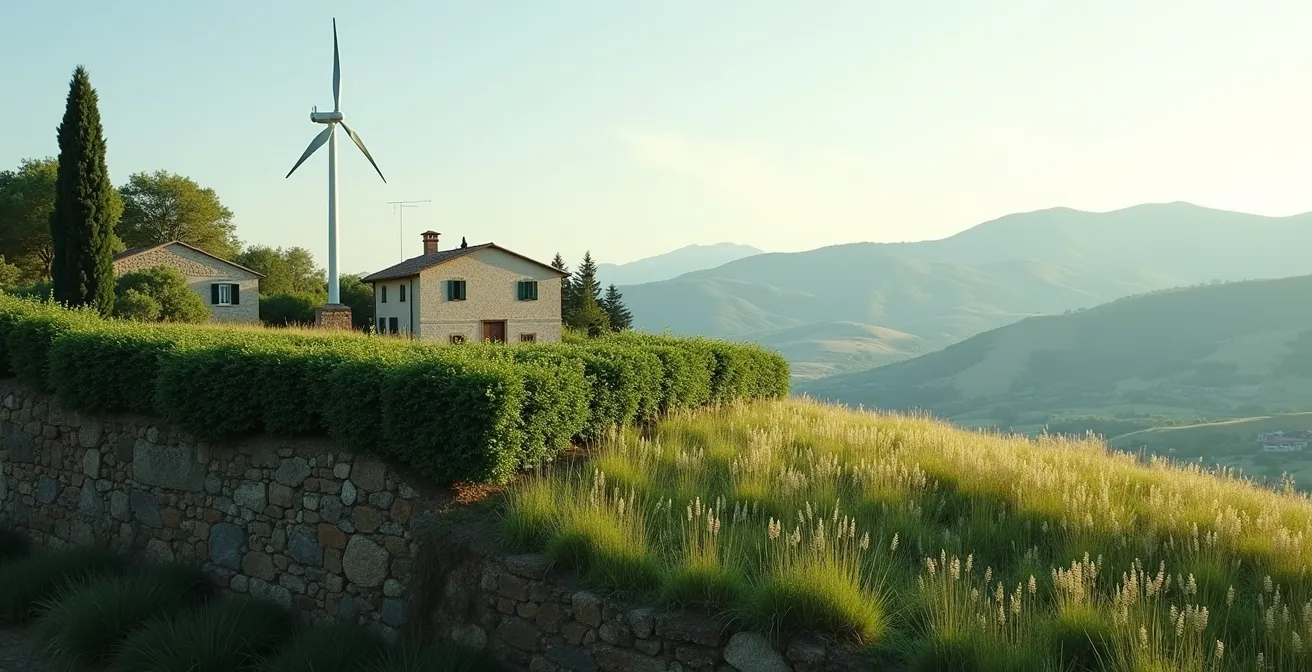 Barriere naturali per riduzione rumore turbina eolica su collina italiana