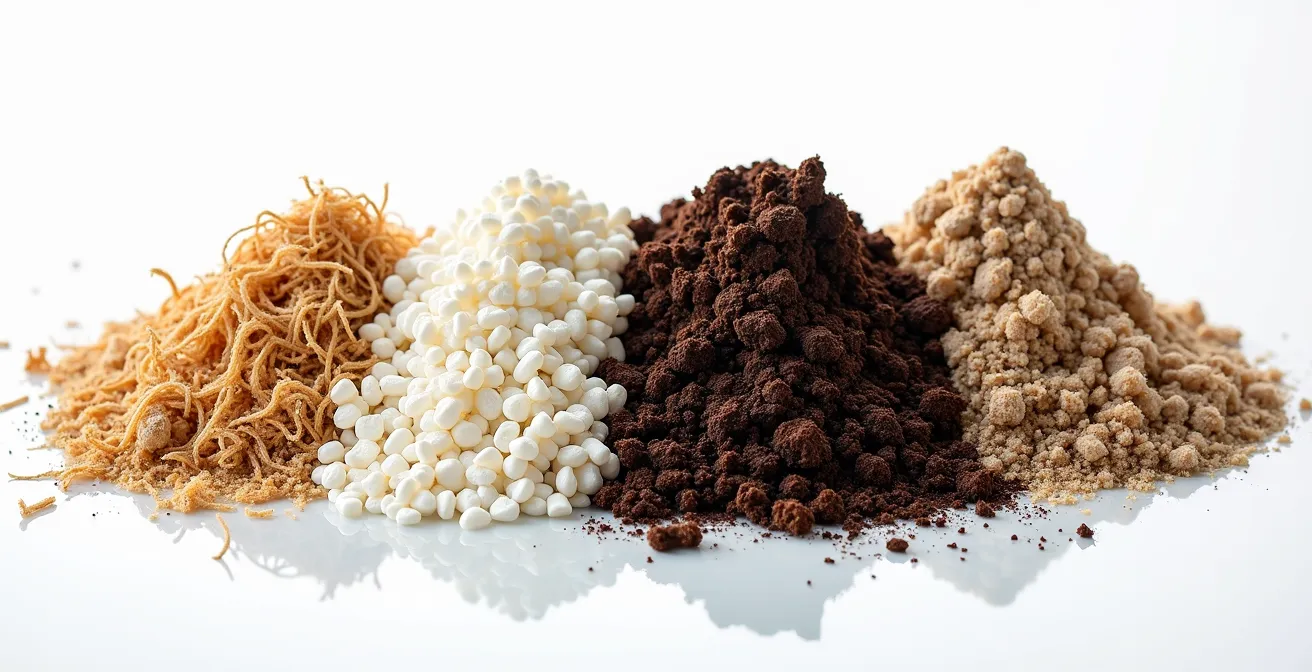 Composizione macro di diversi substrati naturali leggeri per la coltivazione in vaso