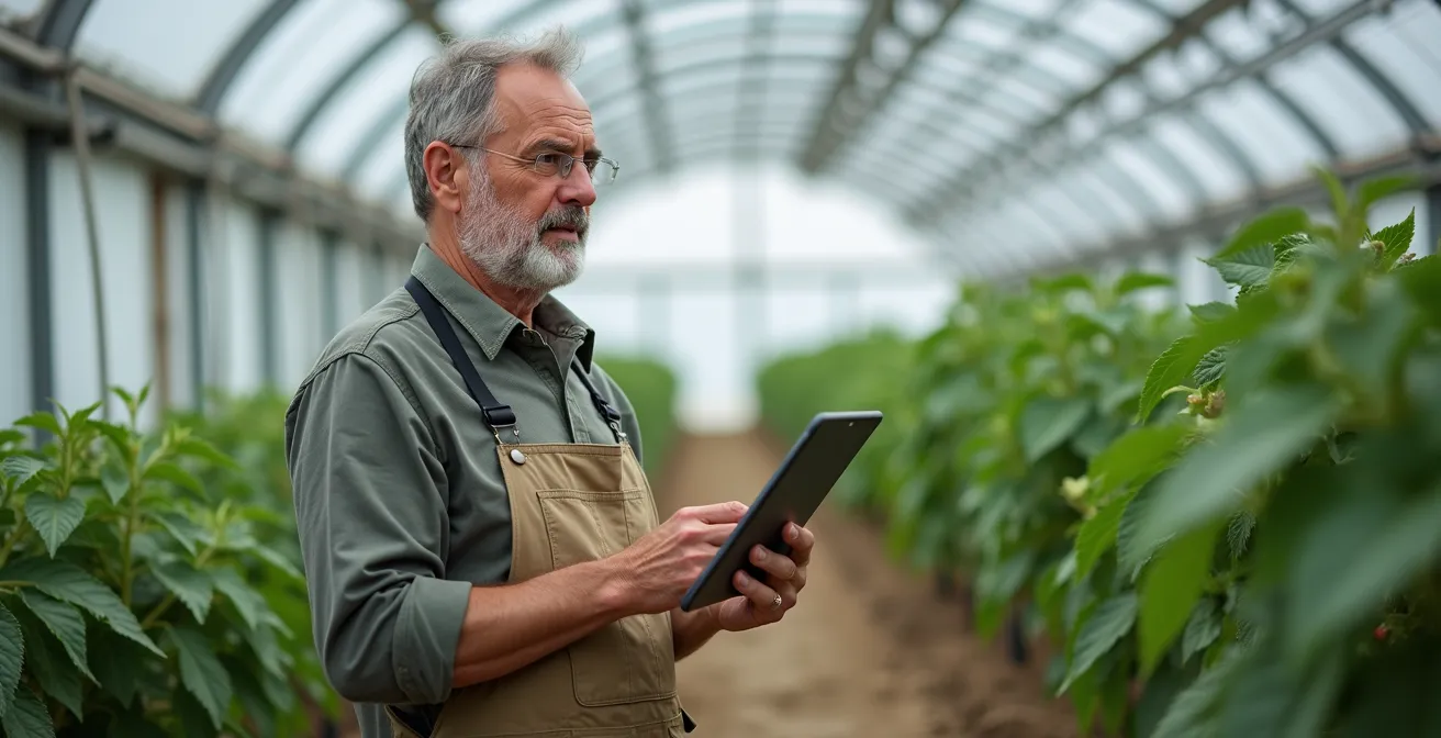 Agricoltore italiano che utilizza tablet per controllare sistema di irrigazione intelligente in serra moderna