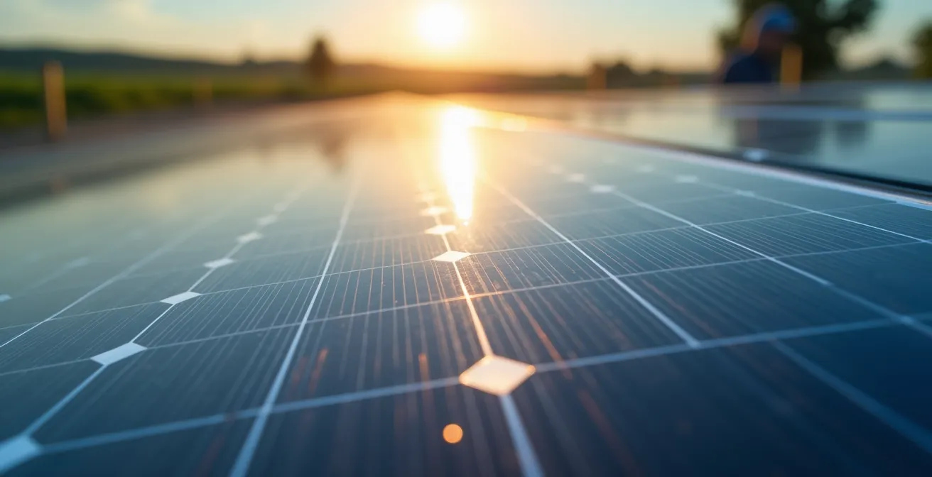 Vista macro di pannelli solari con texture e riflessi di luce naturale