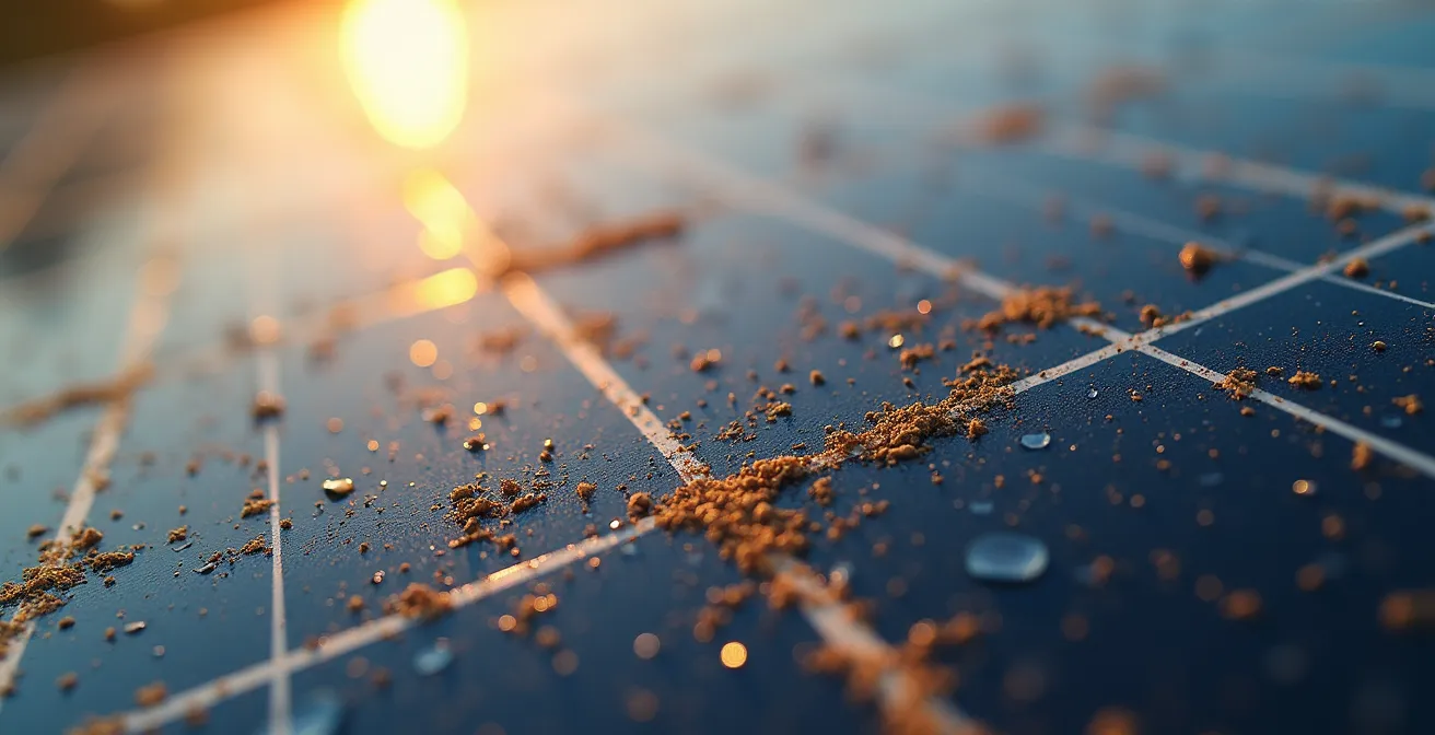 Dettaglio macro di pannello solare con depositi di polvere e polline tipici dell'ambiente agricolo