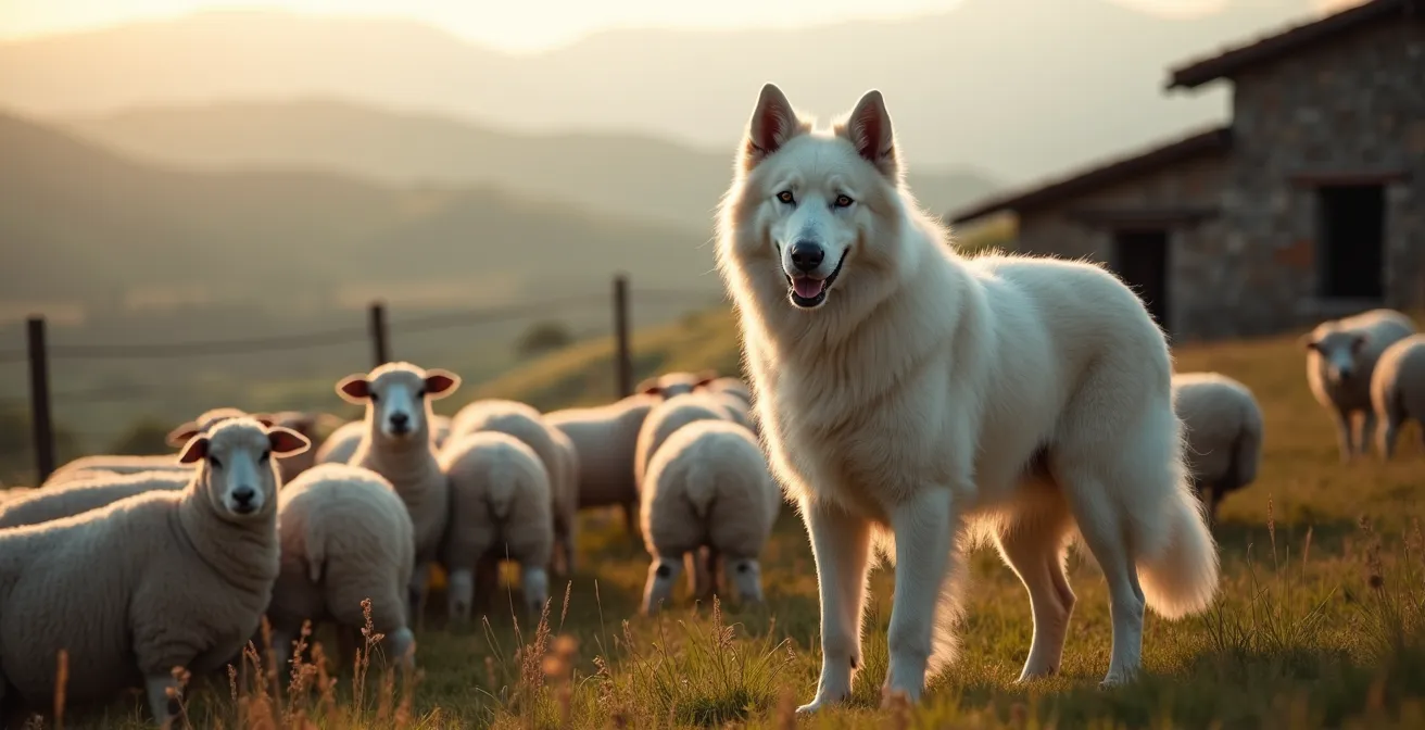 Cane pastore maremmano-abruzzese che sorveglia il gregge di pecore sui pascoli italiani