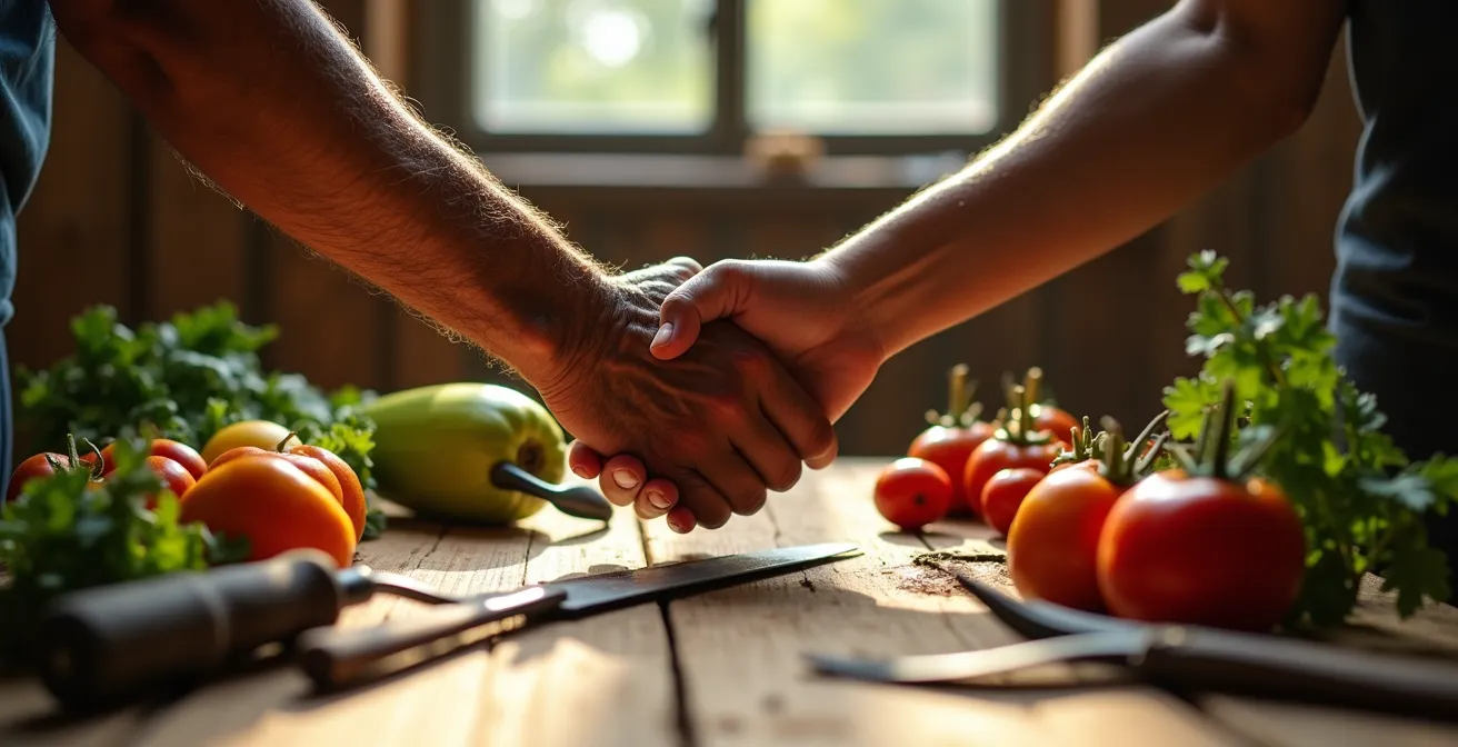 Mani di diverse generazioni che si stringono sopra un tavolo di legno rustico