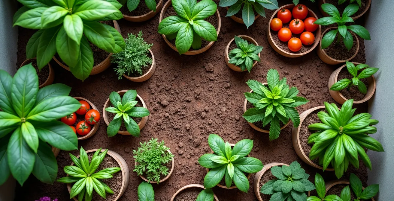 Vista aerea di un balcone organizzato secondo i principi della permacultura con consociazioni di piante