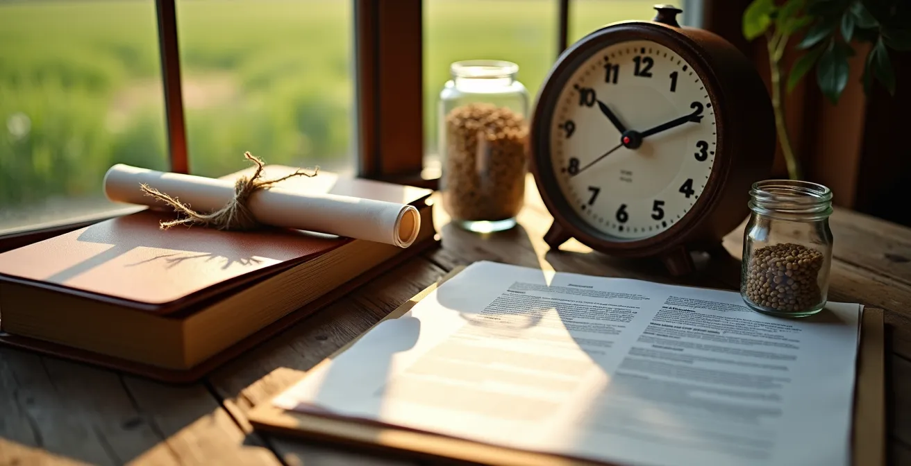 Vista dall'alto di una scrivania con documenti per bandi agricoli e calendario di scadenze