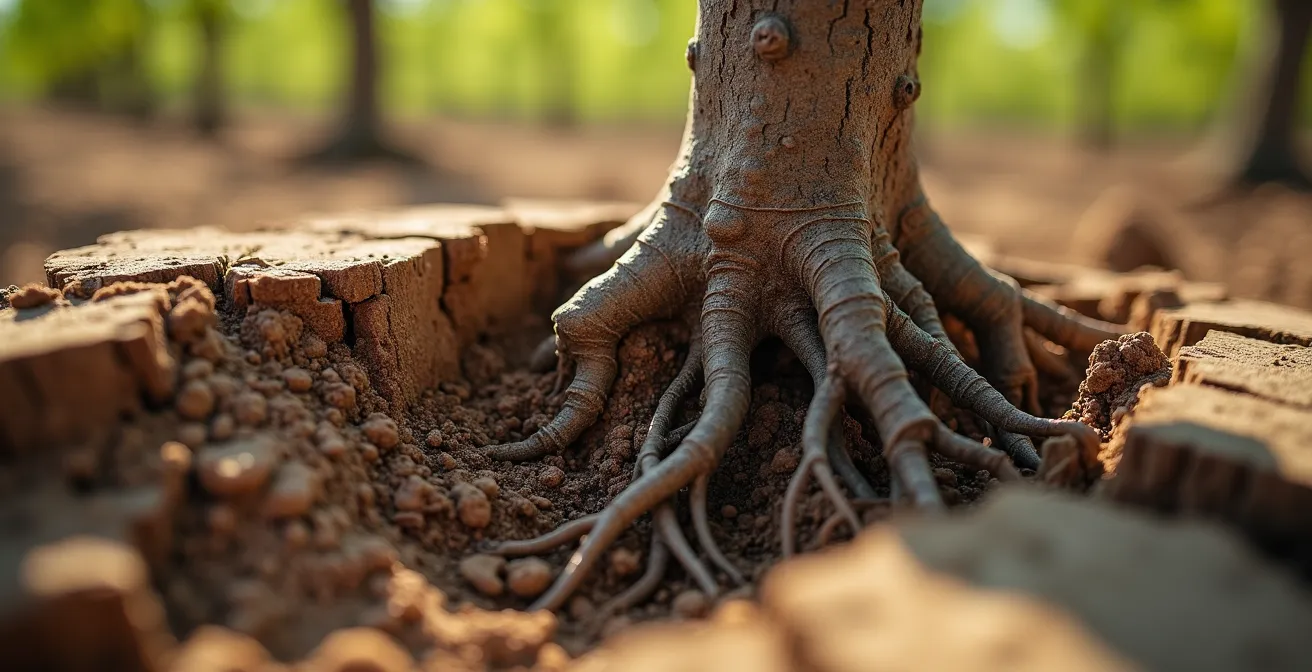 Dettaglio ravvicinato di portinnesto viticolo con radici profonde in terreno arido del Sud Italia