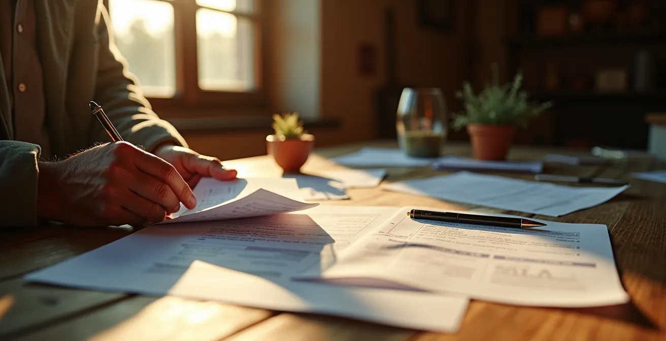 Agricoltore italiano che compila documenti per richiesta fondi PSR