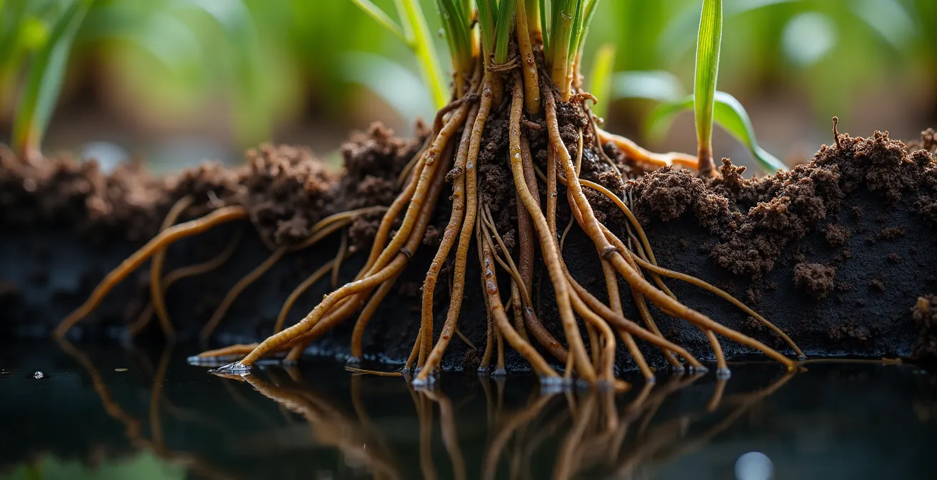 Vista macro delle radici di Phragmites nel terreno con rappresentazione del processo di filtrazione dei nitrati