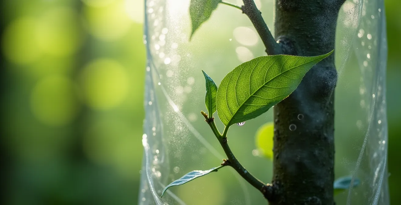Dettaglio ravvicinato di uno shelter protettivo traslucido su giovane pianta di noce